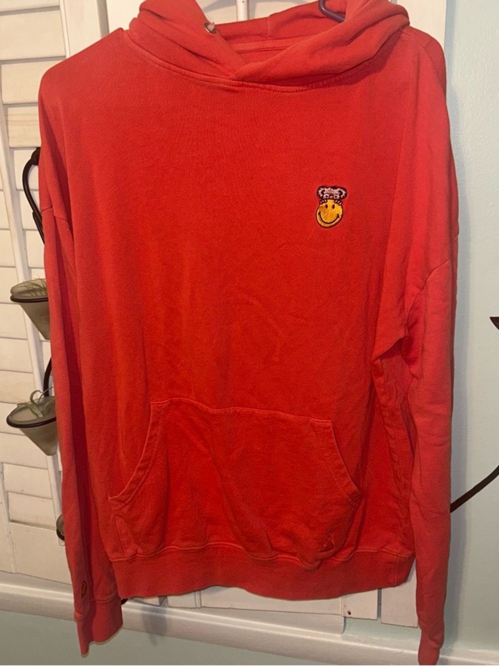 Men's coral Hooded Sweatshirt with Embroidered Smiley Detail